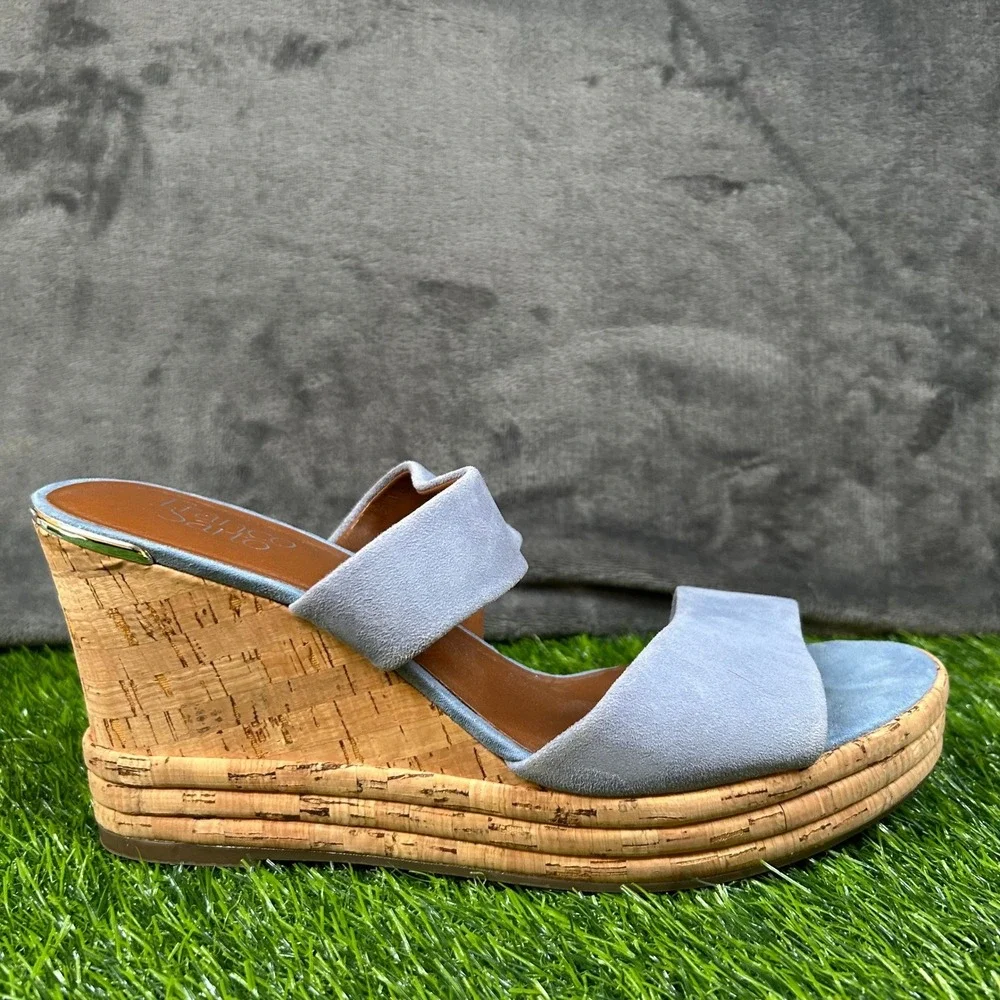 Franco Sarto Wedge Sandals Womens Size 11 Blue Suede Cork Platform Slides